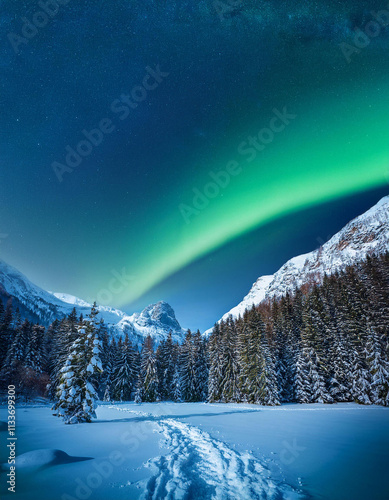 the frosty forest. Green northern lights above mountains. Night nature landscape with pola photo