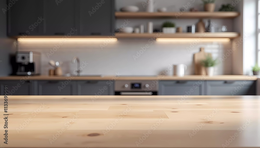 A wooden table top on a blurred background of a kitchen counter (room). A wooden table top on a blurred background of a kitchen counter (room).