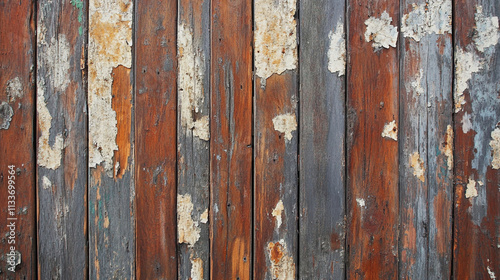 Detailed wooden wall showing peeling paint and weathered texture in natural light