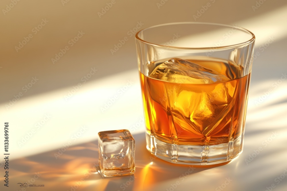 Golden whiskey in rocks glass with ice cubes, sunlit. Golden whiskey in rocks glass with ice cubes, sunlit.