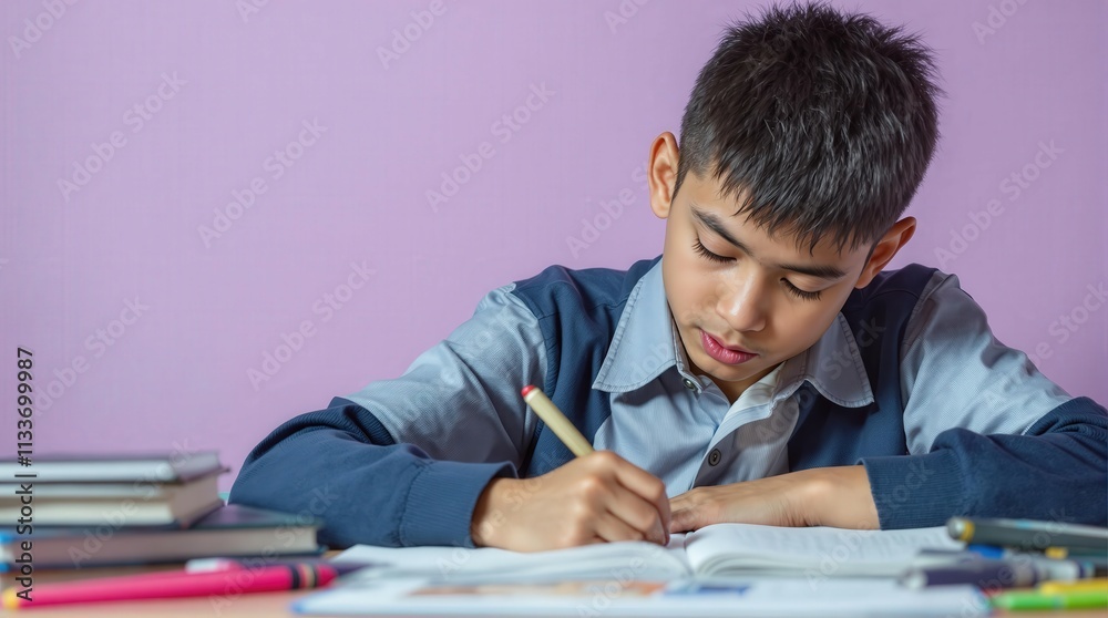 Teen boy writing at desk, appearing stressed, surrounded by books, reflecting study pressure, ideal for academic campaigns. Teen boy writing at desk, appearing stressed, surrounded by books, reflecting study pressure, ideal for academic campaigns.