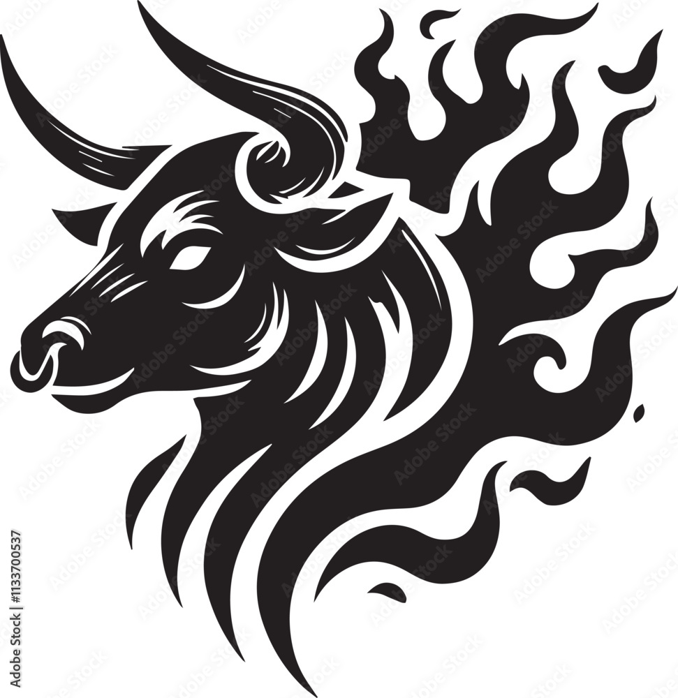 Fototapeta premium A bull head silhouette with a flame pattern in the horns vector black