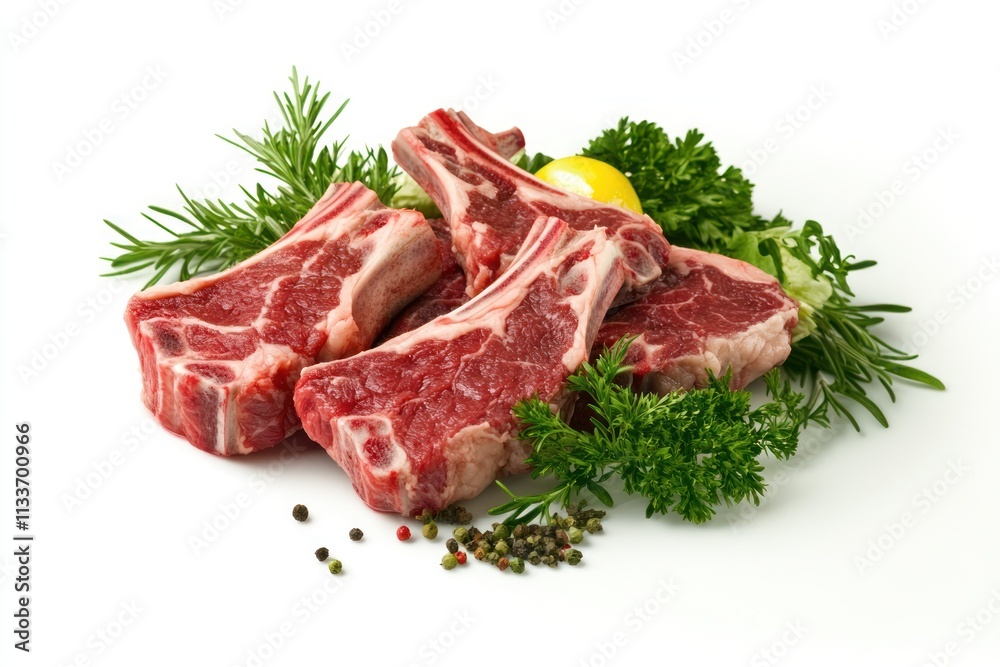Four raw lamb chops with rosemary, parsley, lemon, and peppercorns on white background. Four raw lamb chops with rosemary, parsley, lemon, and peppercorns on white background.