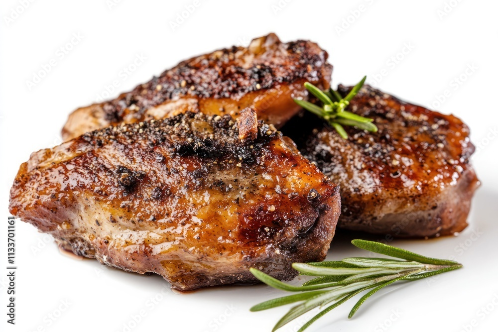 Close-up of three savory, grilled meat pieces seasoned with peppercorns and garnished with rosemary sprigs on a white background. Close-up of three savory, grilled meat pieces seasoned with peppercorns and garnished with rosemary sprigs on a white background.