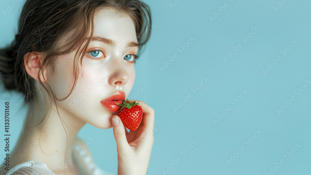 Photo of a model woman trying to eat a strawberry. Photo of a model woman trying to eat a strawberry.