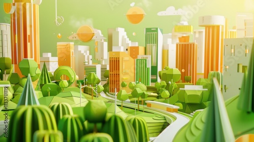 A stylized 3D animation featuring a green urban revitalization project with sustainable architecture, green infrastructure, and urban greening initiatives photo