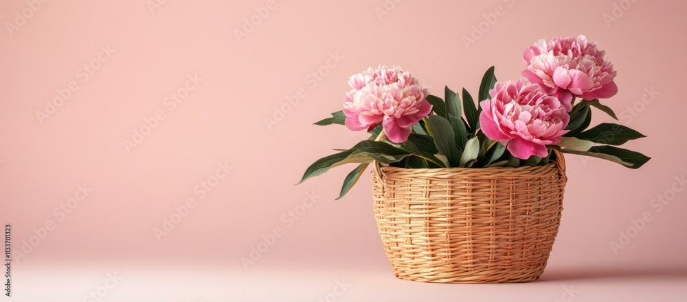Pink peonies in a wicker basket against a pink background. Pink peonies in a wicker basket against a pink background.