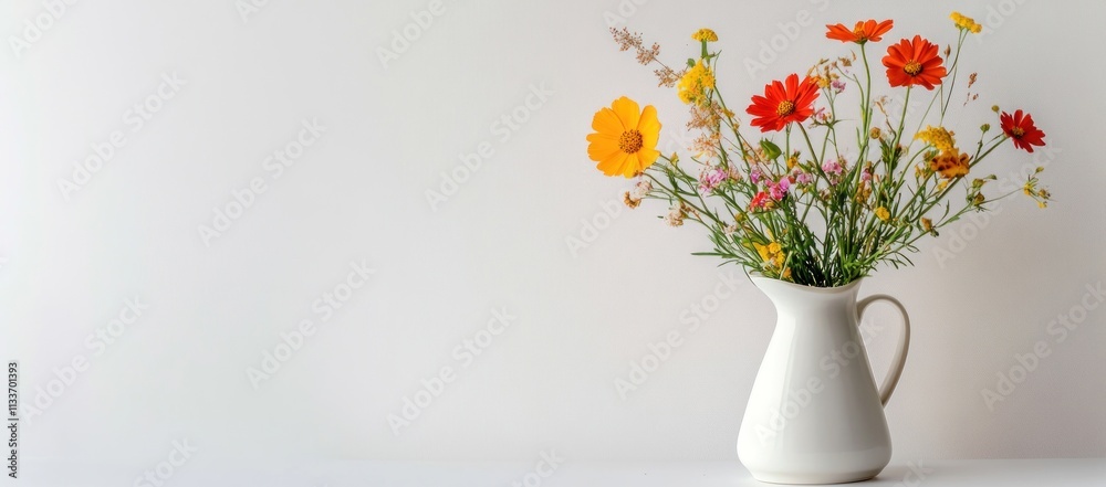 Colorful wildflowers in a white pitcher against a white background. Colorful wildflowers in a white pitcher against a white background.