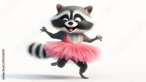 A cheerful cartoon raccoon in a pink tutu, dancing joyfully.