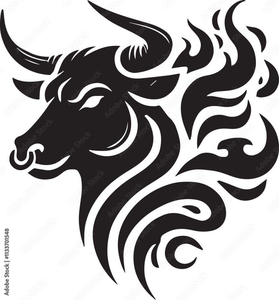 A bull head silhouette with a flame pattern in the horns vector black A bull head silhouette with a flame pattern in the horns vector black