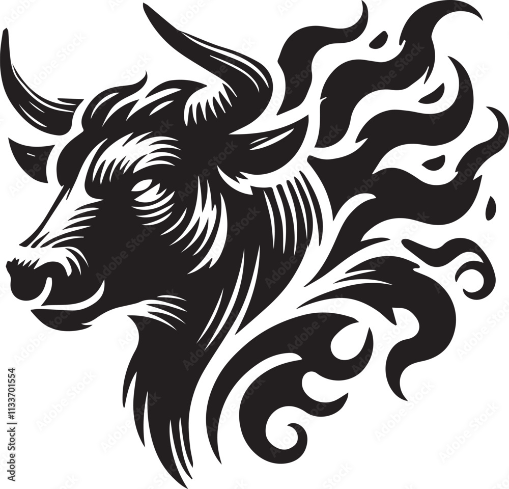 Obraz premium A bull head silhouette with a flame pattern in the horns vector black