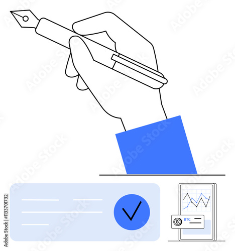 Hand holding pen, checkmark box, mobile device with Bitcoin chart. Ideal for finance, certification, technology, business, education digital investment topics. Line metaphor