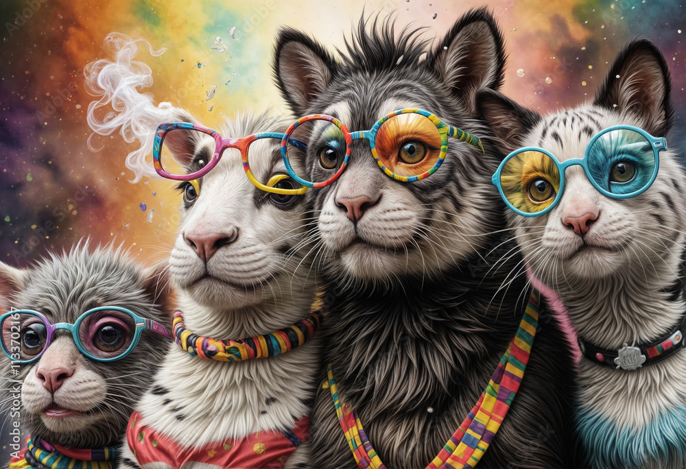 Fototapeta 3d digital funny airbrushed painted close-up painting of different kind, black and white striped animals wearing colourful glasses, against a colourful splash of smoke canvas - generated by ai