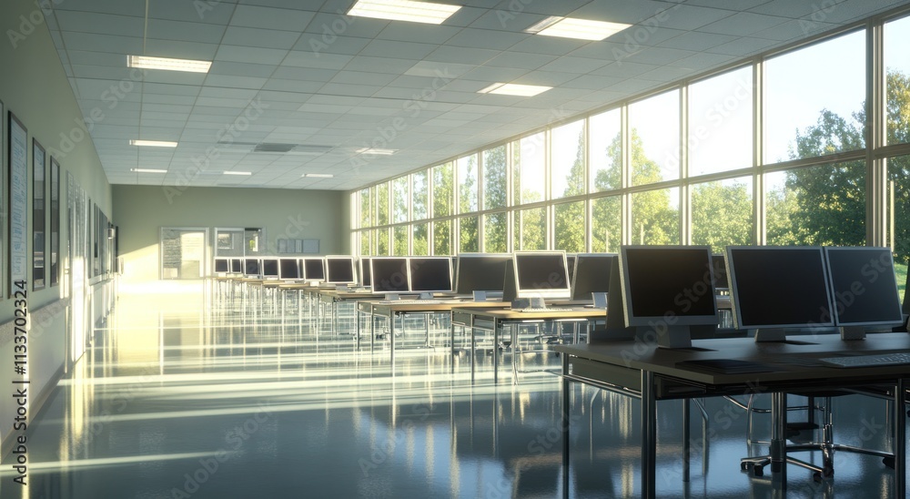 Sunlit computer lab with rows of desktops and large windows overlooking a green landscape. Sunlit computer lab with rows of desktops and large windows overlooking a green landscape.