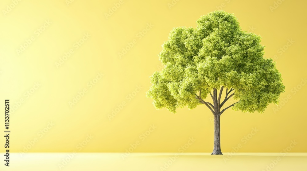 Vibrant yellow backdrop accentuates lush green tree leaves in striking nature photography Vibrant yellow backdrop accentuates lush green tree leaves in striking nature photography
