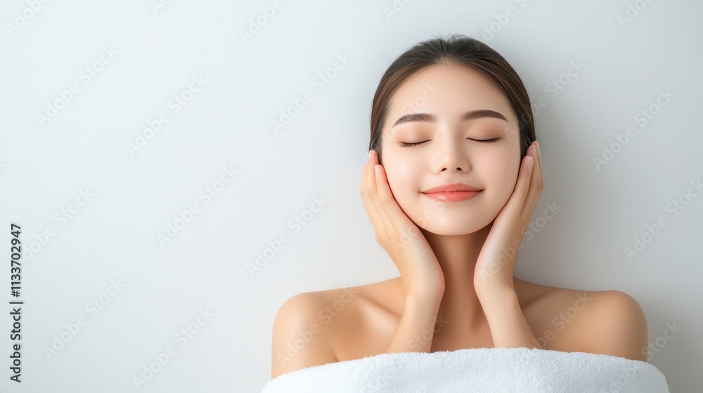 Woman finds tranquility, embracing peaceful rest and relaxation on soft towel serene Woman finds tranquility, embracing peaceful rest and relaxation on soft towel serene