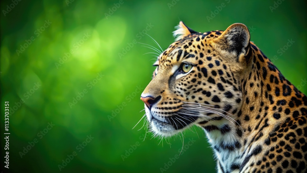 Obraz premium Close-up profile of a black and white leopard's head, set against a vibrant green background.