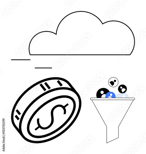 Cloud above processing line, a coin representing monetization, and a funnel with customer engagement icons. Ideal for cloud computing, data analytics, revenue generation, sales funnels, digital