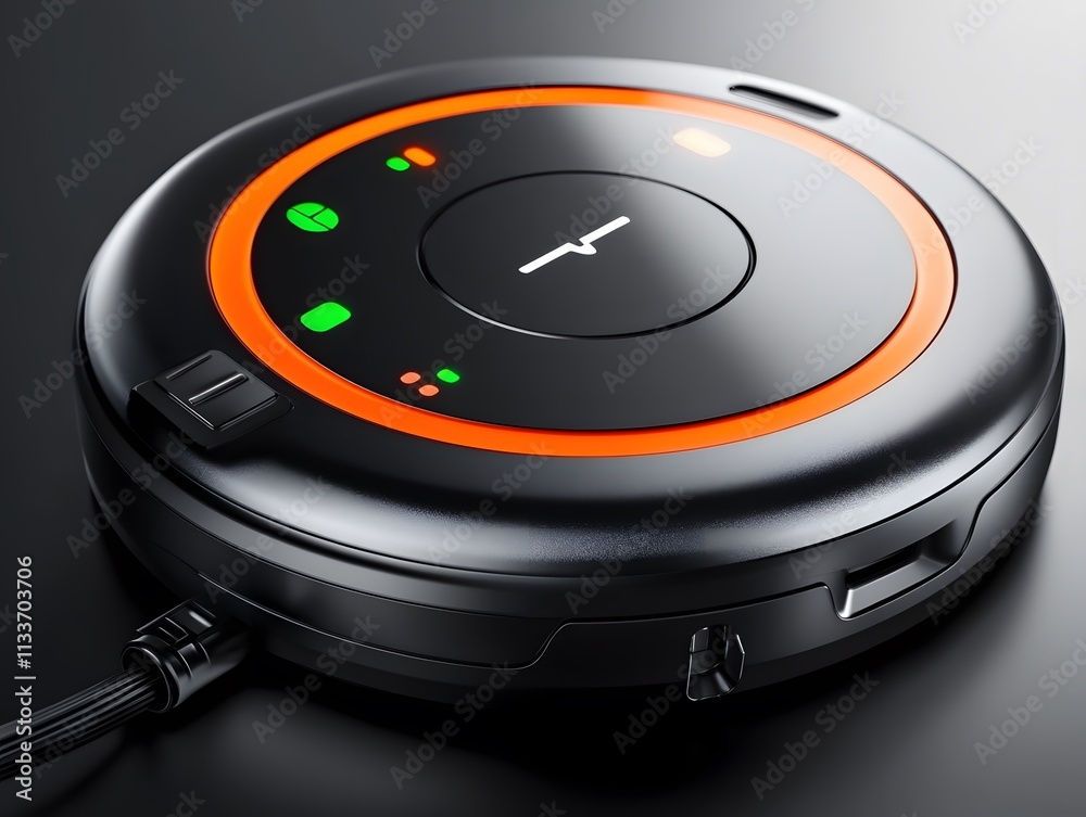 A sleek, modern robotic device with control buttons and lights, likely for cleaning purposes. A sleek, modern robotic device with control buttons and lights, likely for cleaning purposes.