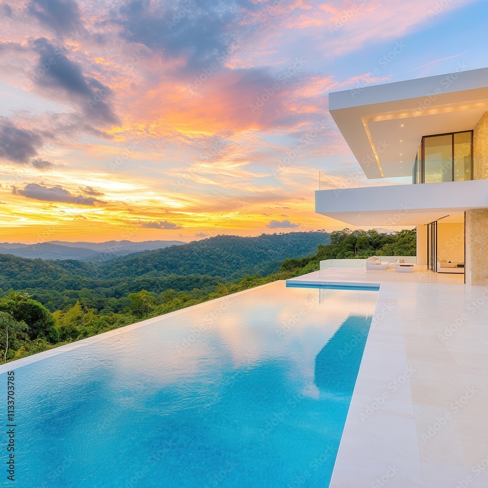 Fototapeta premium Villa with glowing glass façade and infinity pool at sunset
