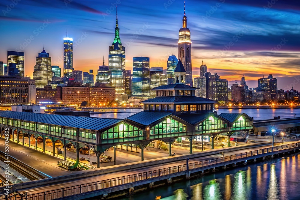 Hoboken NJ Transit Terminal Night Skyline Manhattan View AI Photo Hoboken NJ Transit Terminal Night Skyline Manhattan View AI Photo