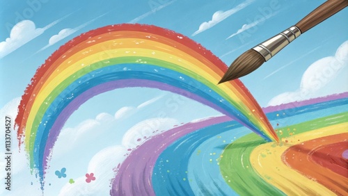 Paintbrush is painting a vibrant rainbow across a clear blue sky, with colorful strokes and splashes of paint adding a touch of whimsy to the scene