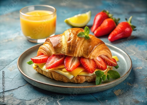 Kid's Fun Crab Croissant, Strawberry Banana Delight, Orange Juice photo