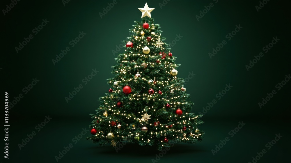 Decorated Christmas tree with lights and ornaments against a dark green background Decorated Christmas tree with lights and ornaments against a dark green background