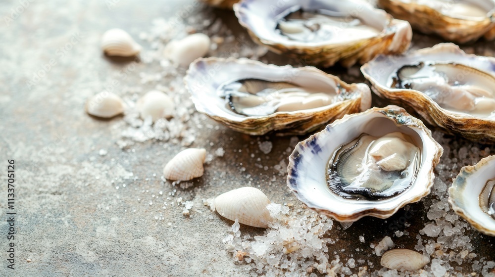Fresh Oysters on a Rustic Table with Sea Salt and Seashells Fresh Oysters on a Rustic Table with Sea Salt and Seashells