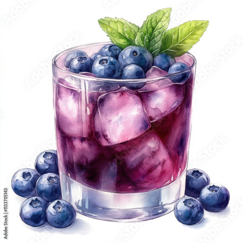 A refreshing watercolor illustration of blueberry cocktail with ice cubes and mint leaves
