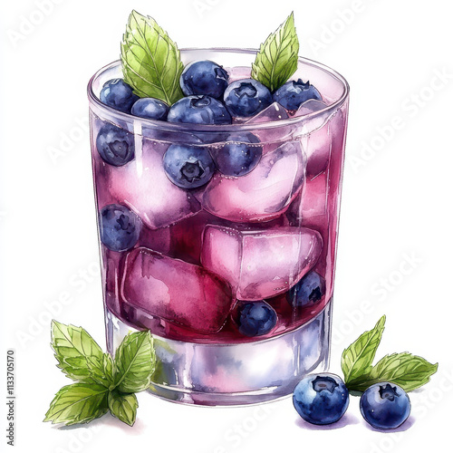 A refreshing watercolor illustration of blueberry cocktail with ice cubes and mint leaves