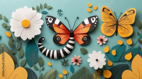 Colorful and Whimsical Paper Craft Featuring Cutout Flowers Leaves and Butterflies Arranged on a Turquoise Background  Handmade Paperwork Origami and Papier mch Elements for DIY Crafting photo