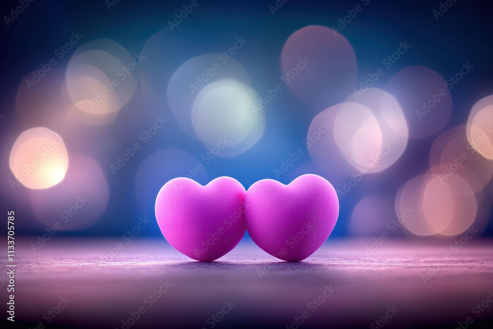 Two pink heart shaped objects with bokeh background create romantic atmosphere Two pink heart shaped objects with bokeh background create romantic atmosphere