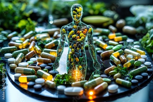 A digital representation of a human figure surrounded by colorful capsules and greens, symbolizing health, wellness, and nutrition.