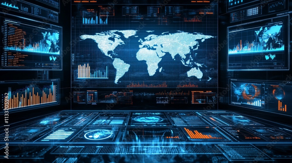 Obraz premium A futuristic data visualization interface displaying global maps and analytics.