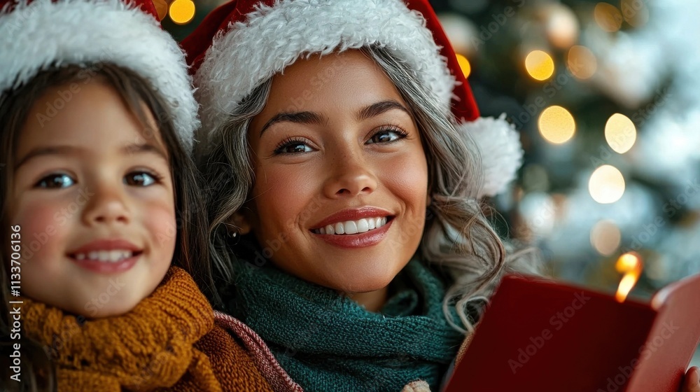 Heartwarming moment between a mother and her young daughter embracing in a snowy outdoor setting with a beautifully decorated Christmas tree in the background exuding a joyful festive atmosphere Heartwarming moment between a mother and her young daughter embracing in a snowy outdoor setting with a beautifully decorated Christmas tree in the background exuding a joyful festive atmosphere