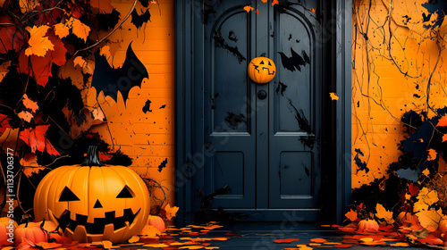 3D Render of a Halloween Doorway with Jack-o'-lanterns and Autumn Leaves photo