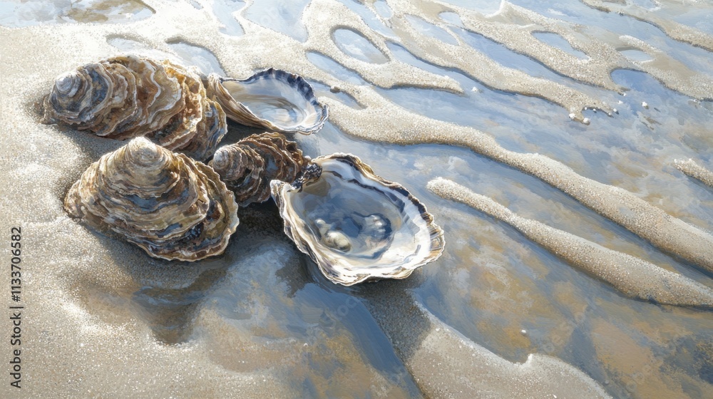 Close-Up of Shells on Sandy Shore with Gentle Waves Nearby Close-Up of Shells on Sandy Shore with Gentle Waves Nearby