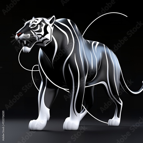 A sleek black tiger illustration with white outlines, featuring elegant curves and sharp angles for a dynamic and bold design on a solid black background. photo