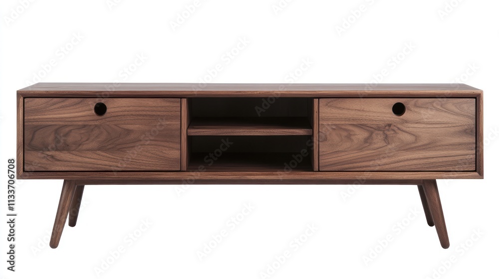 Mid-century modern walnut wood media console with two drawers and a shelf. Mid-century modern walnut wood media console with two drawers and a shelf.