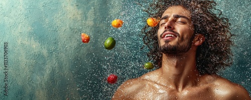 A joyful man with curly hair enjoys a refreshing shower, surrounded by splashing water and colorful fruits.