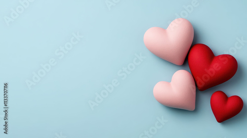 A Pink and red hearts on light blue background, symbolizing love and romance