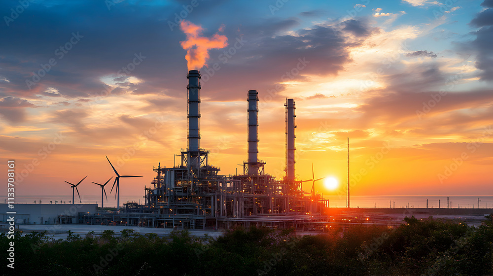 Industrial Complex Silhouetted Against a Vibrant Sunset Sky with Wind Turbines and Smoke Plumes, Representing the Contrast Between Traditional and Renewable Energy Sources Industrial Complex Silhouetted Against a Vibrant Sunset Sky with Wind Turbines and Smoke Plumes, Representing the Contrast Between Traditional and Renewable Energy Sources