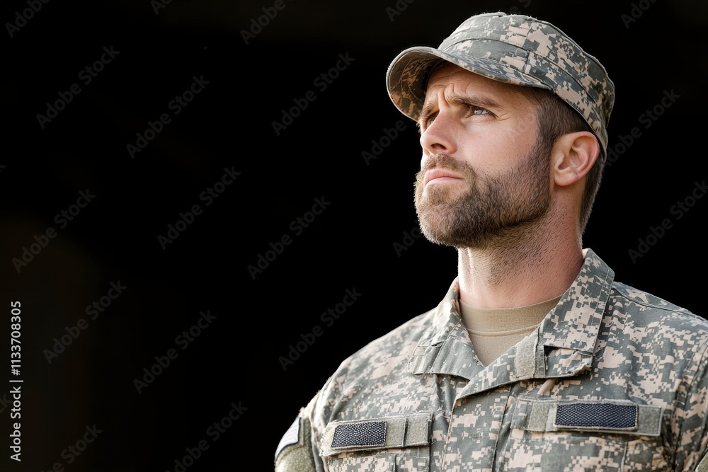 focused American soldier in military uniform stands proudly, showcasing determination and strength. His serious expression reflects commitment to duty and service focused American soldier in military uniform stands proudly, showcasing determination and strength. His serious expression reflects commitment to duty and service