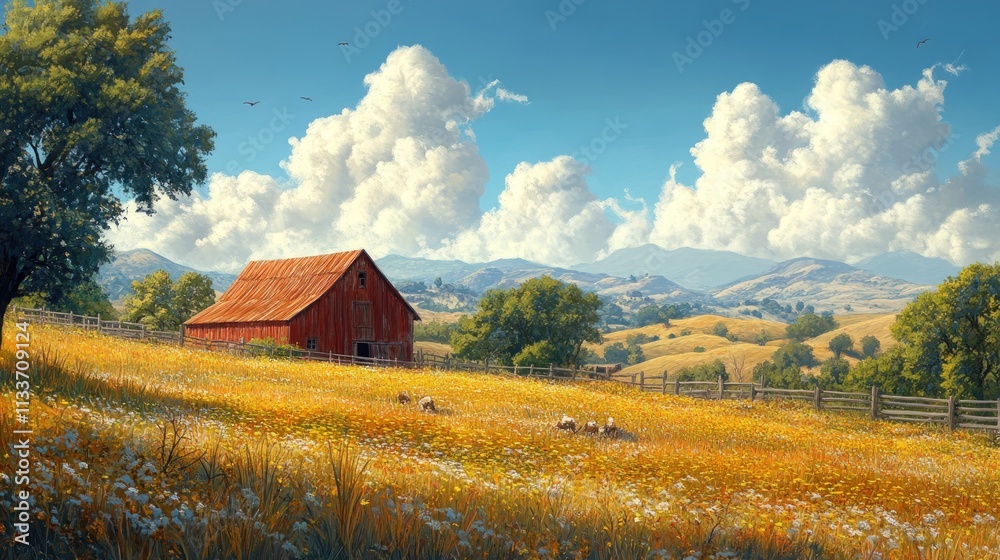 Sunny field, red barn, distant mountains. Sunny field, red barn, distant mountains.