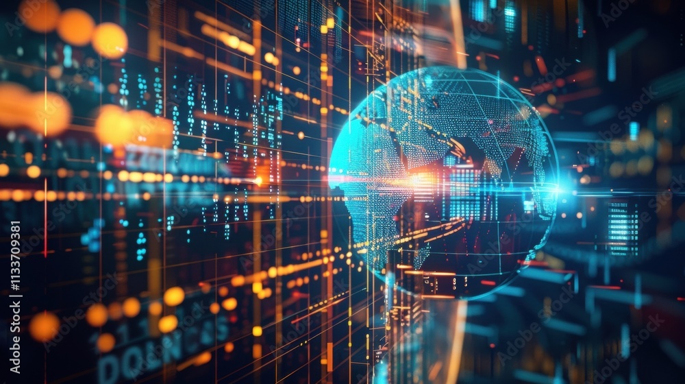 Obraz premium Complex data processing system managing global information streams, visualizing connections and data flow across continents with futuristic digital globe
