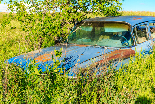 A blue car is parked in a field of grass photo