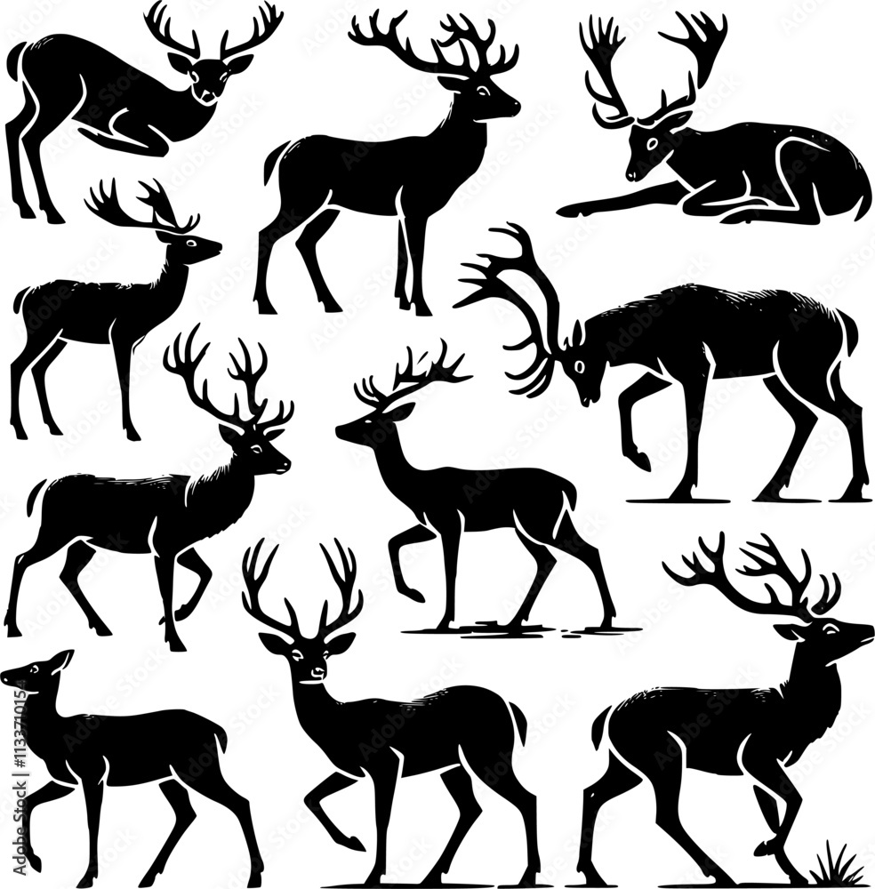 Deer silhouette set. Deer black and white silhouette set - vector collection of wild animals detailed outlines Deer silhouette set. Deer black and white silhouette set - vector collection of wild animals detailed outlines