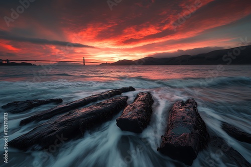 Golden Gate Bridge Sunset Seascape: Dramatic Coastal Scene with Driftwood and Vibrant Sky