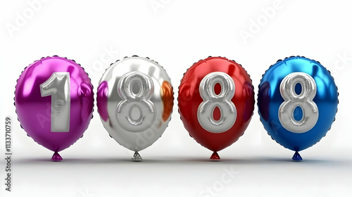 Four Balloons Representing the Number 1888 in a Row on a White Background